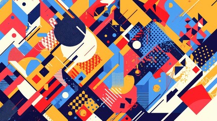 Sticker - Trendy abstract geometric design featuring colorful Memphis elements Retro 90s inspired textures and patterns create a vibrant modern artistic backdrop