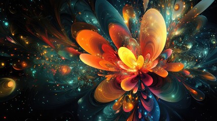 Wall Mural - Abstract colorful fractal design bursting with imaginative elements on a dark backdrop