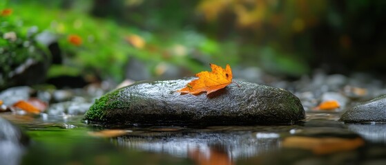 Wall Mural - Autumnal Forest Reflections on Mossy Ground with Gentle Stream Flow.