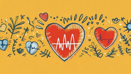 Poster - Bright yellow backdrop features various heart illustrations intertwined with heartbeat lines and floral elements to symbolize the importance of health and well-being.