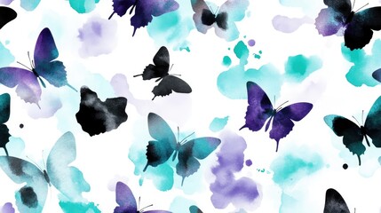 Poster - Endless print A seamless background pattern featuring delicate teal black purple and white abstract watercolor butterflies