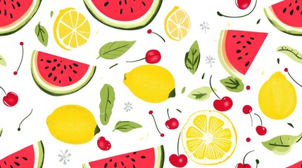 Wall Mural - Seamless pattern featuring summer fruits such as watermelon lemon and cherries for use in wrapping paper fabrics linens children s clothing festive packaging and party accessories