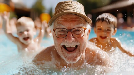 Wall Mural - An older man and two young children are having a fun time playing in the pool, surrounded by happy vibes, under the bright summer sun, creating beautiful memories.