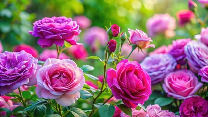 Vibrant pink violet roses blooming beautifully in a spring rose garden with green foliage