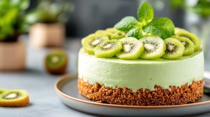 A scrumptious kiwi cheesecake garnished with fresh kiwi slices and mint leaves, presented on a plate, highlighting a visually appealing and delectable dessert perfect for any occasion.