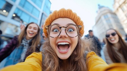 A thrilled young woman takes a selfie with her friends in a bustling city environment. An image capturing excitement, friendship, and urban exploration.