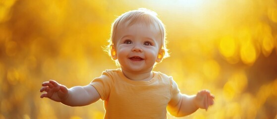 Baby boy taking first wobbly steps towards Mom's outstretched arms, sunny yellow backdrop