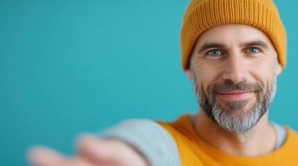 A bearded man in an orange beanie and casual attire smiles as he extends his hand outwards, presenting a warm and inviting demeanor against a blue backdrop.