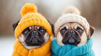 two cute dogs wearing colorful knit sweaters and pom-pom hats sit together in a snowy landscape, cap