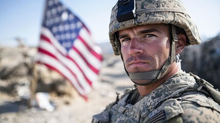 Close-up of a soldier in military gear with the American flag in the background. The image represents patriotism, courage, and commitment to serving the country.