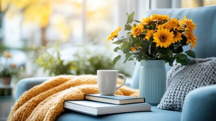 A cozy nook featuring a plush couch adorned with a yellow blanket, two books, a white coffee mug, and a vase of vibrant sunflowers basking in natural light.