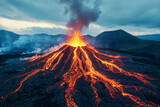 Active volcano erupting with molten lava flowing down its slopes, casting an intense glow against the dark landscape and cloudy sky