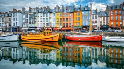 Wall Mural - The colorful houses of the port city of in Normandy, with boats docked along the harbor.