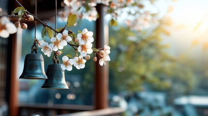 Two finely crafted metal bells hanging among white flowers, bathed in soft sunlight, symbolizing peace and harmony, ideal for outdoor decorations and artistic photography.