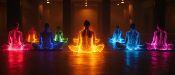 Group meditation with each person's aura glowing with unique, inspirational visions