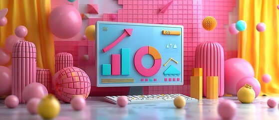 A colorful 3D illustration of a computer displaying graphs and charts, symbolizing data analysis.