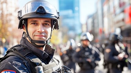 A confident police officer in protective gear stands amidst an urban street, conveying authority and readiness, with other officers blurred in the city backdrop.