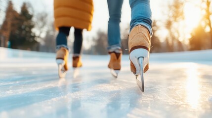 A close-up view of two people ice skating, showing their skates gliding smoothly on the ice, highlighting the joy and freedom of winter outdoor activities.