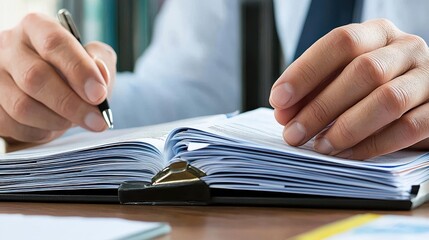 A close-up of hands writing in a notebook, showcasing a focus on organization, productivity, and note-taking in a professional setting.