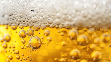 Close up of golden yellow beer in clear glass with creamy foam and refreshing bubbles