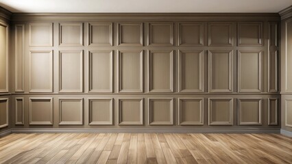 Wall Mural - Empty room mock up with taupe classic wooden wainscoted wall and flooring