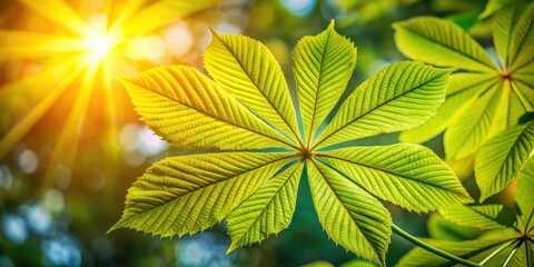 Close-up of a chestnut leaf in sunlight during spring season nature photography