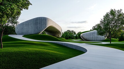 Sleek concrete architecture blends seamlessly with the lush green landscape outside.