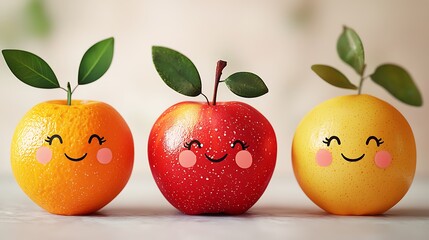 Wall Mural - Smiling cartoon fruits�apples, oranges, and lemons�spread joy in a playful design.