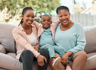 Poster - Mother, grandma and portrait with child on sofa for generations, care or support in growth. Black family, smile and happy with little girl at home for love, development or bonding together on weekend