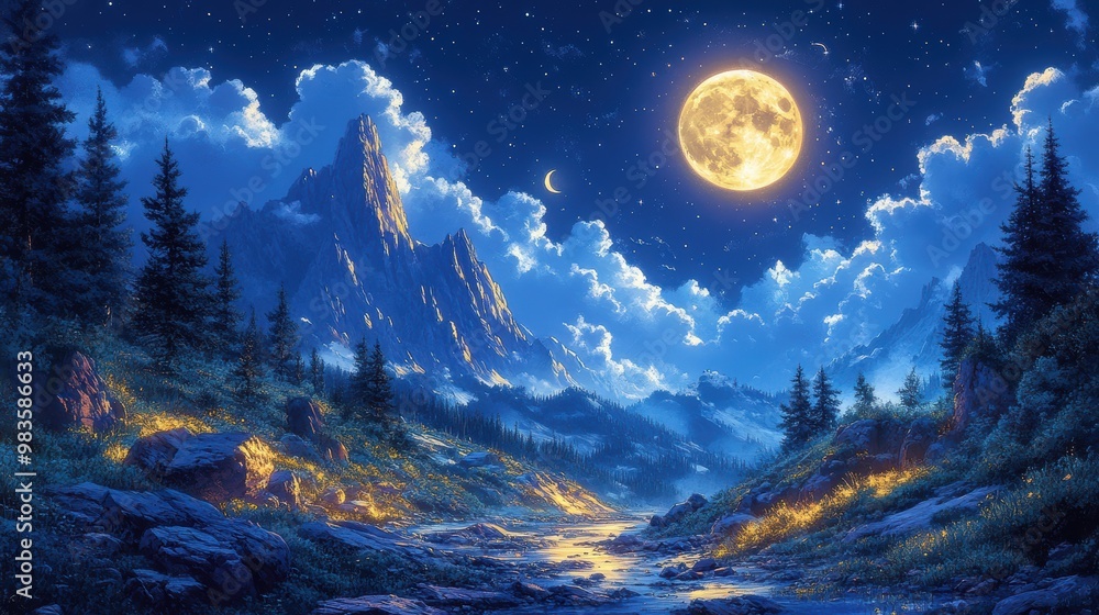 A serene nighttime landscape with a full moon illuminating rugged ...