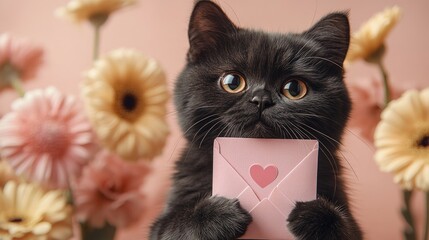 A cute black cat holding a pink love letter amidst colorful flowers.