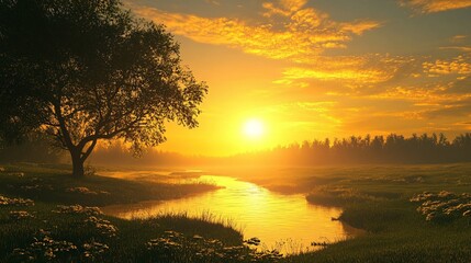 Wall Mural - Serene Sunset Over a River Winding Through a Meadow