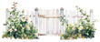 © Rawpixel.com - PNG  White wooden garden fence door with flowers bushes illustration watercolor outdoors.