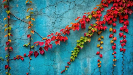 Green creeper vine with red leaves on a vintage blue wall background ideal for natural wallpaper, nature pattern, freshness and season concept