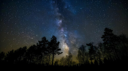 A Night Sky Filled with Stars and the Milky Way Shining Brightly Over a Silhouetted Forest