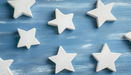 White wooden stars isolated blue background, postcard template  