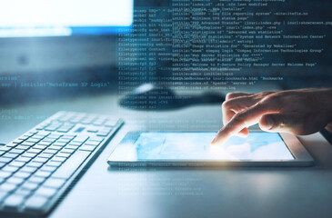 Leinwandbilder - Hands, hologram and programmer with tablet, person or typing with internet, coding or digital app. Closeup, consultant or employee with tech, holographic or cyber security with software or web design