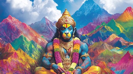 Sticker - Wish card featuring Hanuman vibrant colorful mountains representing Hindu beliefs in devotion and strength