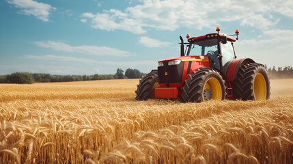 Typical red tractor in a field of wheat ready to harvest