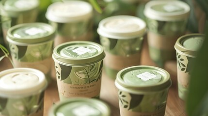 Wall Mural - Green Coffee Cups Arranged on Wooden Surface