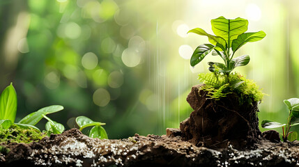 A Close-Up View of a Young Plant Emerging from the Soil, With a Green Blurred Background, and Rain Droplets Falling on the Leaves