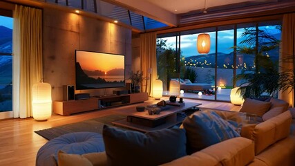 Aufkleber - A stylish living room illuminated by warm lighting features a large TV displaying a vibrant sunset. The space opens to a serene outdoor area, creating a relaxing atmosphere.
