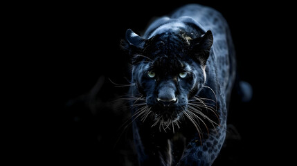 A Majestic Black Panther with Striking Green Eyes Gazes Intensely into the Camera, Its Dark Fur and Sharp Features Creating a Dramatic and Powerful Portrait Against a Black Background.