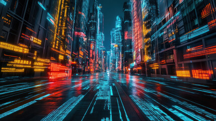 Wall Mural - Futuristic city with streets paved in shifting holographic patterns, illuminated by vibrant neon lights. atmosphere is dynamic and energetic, showcasing advanced technology