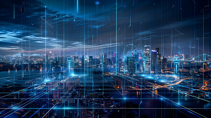 Wall Mural - A Futuristic Cityscape with a Network of Glowing Blue Lines Representing Connectivity and Technology