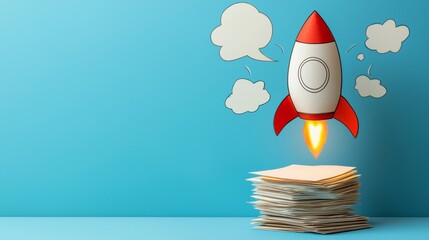 Red rocket launching from a stack of documents, symbolizing startup growth and business success.