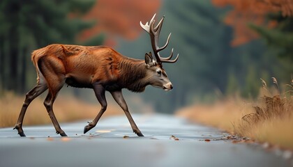 Wall Mural - Red deer gracefully crossing a serene road, showcasing natures beauty in a moment of wildlife encounter