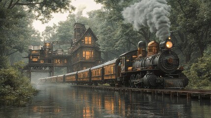 Wall Mural - Steam Train Journey Through a Misty Forest