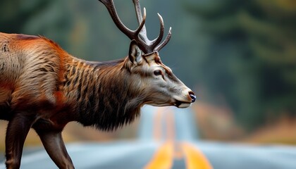 Wall Mural - Red deer gracefully crossing a serene road, showcasing natures beauty in a moment of wildlife encounter