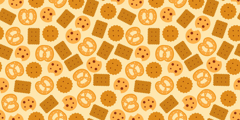 Cute cookie seamless pattern background. biscuits pattern background. chocolate chips pattern background. Cartoon illustration of Cookies. biscuits illustration.